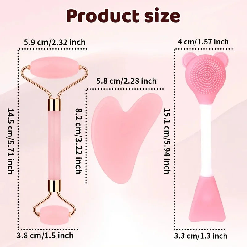 Set Gua Sha e Roller Viso — Effetto Quarzo Rosa, Massaggio Viso Collo e Corpo