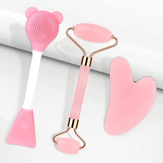 Set Gua Sha e Roller Viso — Effetto Quarzo Rosa, Massaggio Viso Collo e Corpo