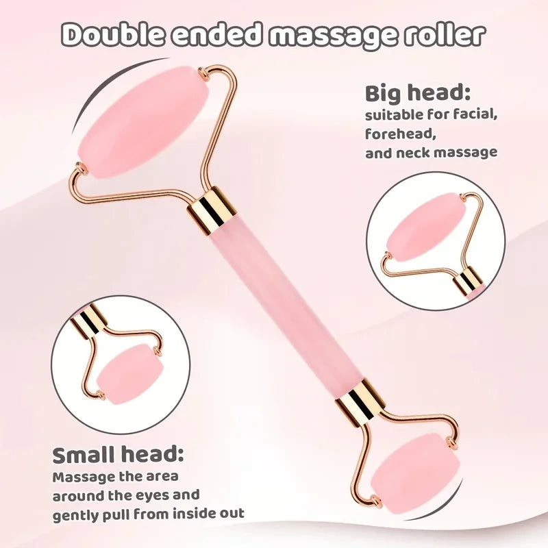 Set Gua Sha e Roller Viso — Effetto Quarzo Rosa, Massaggio Viso Collo e Corpo