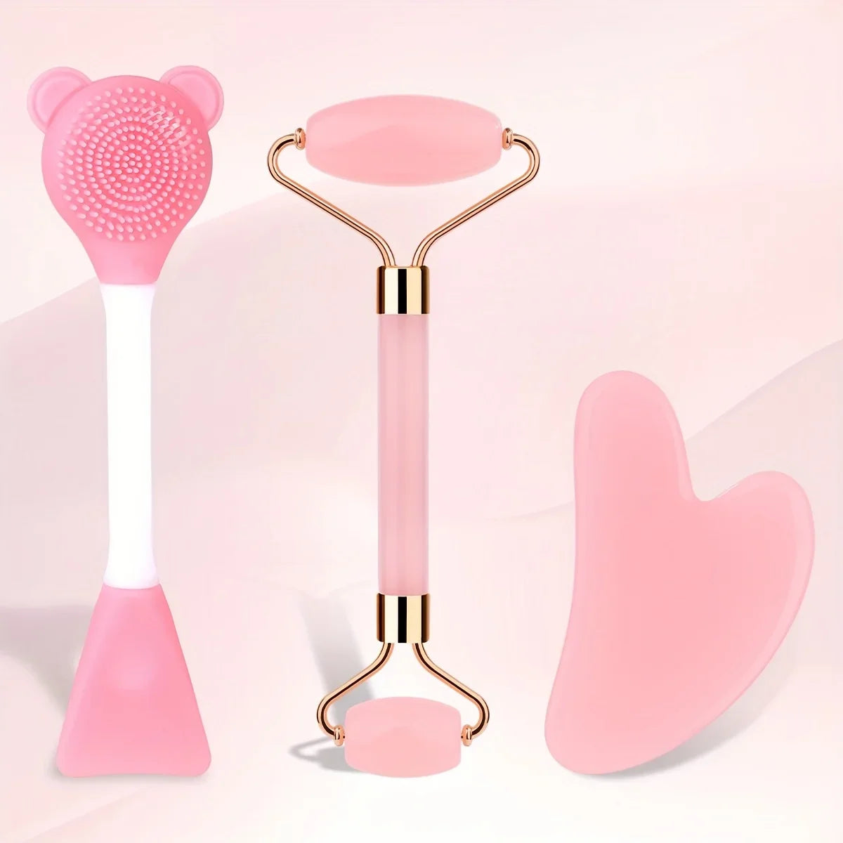 Set Gua Sha e Roller Viso — Effetto Quarzo Rosa, Massaggio Viso Collo e Corpo